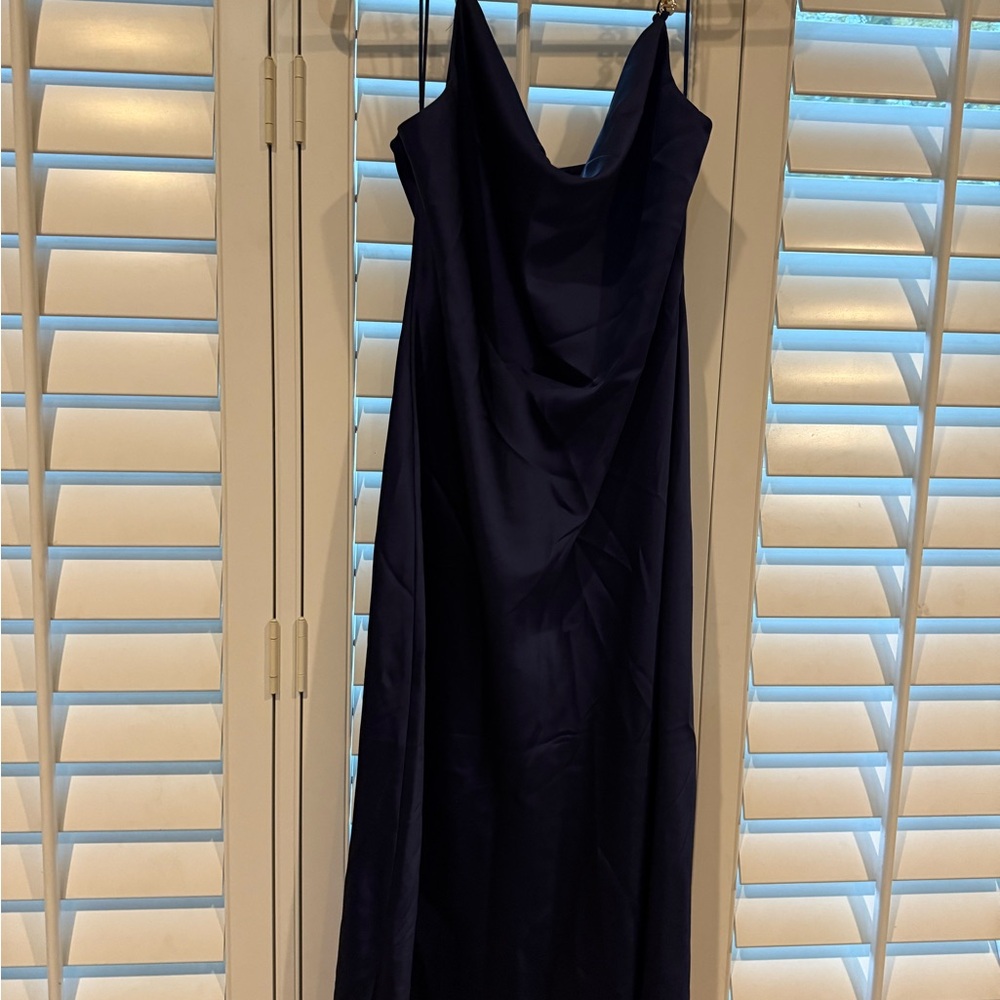 Elegant Navy Blue Satin Dress - Picture 3 of 5